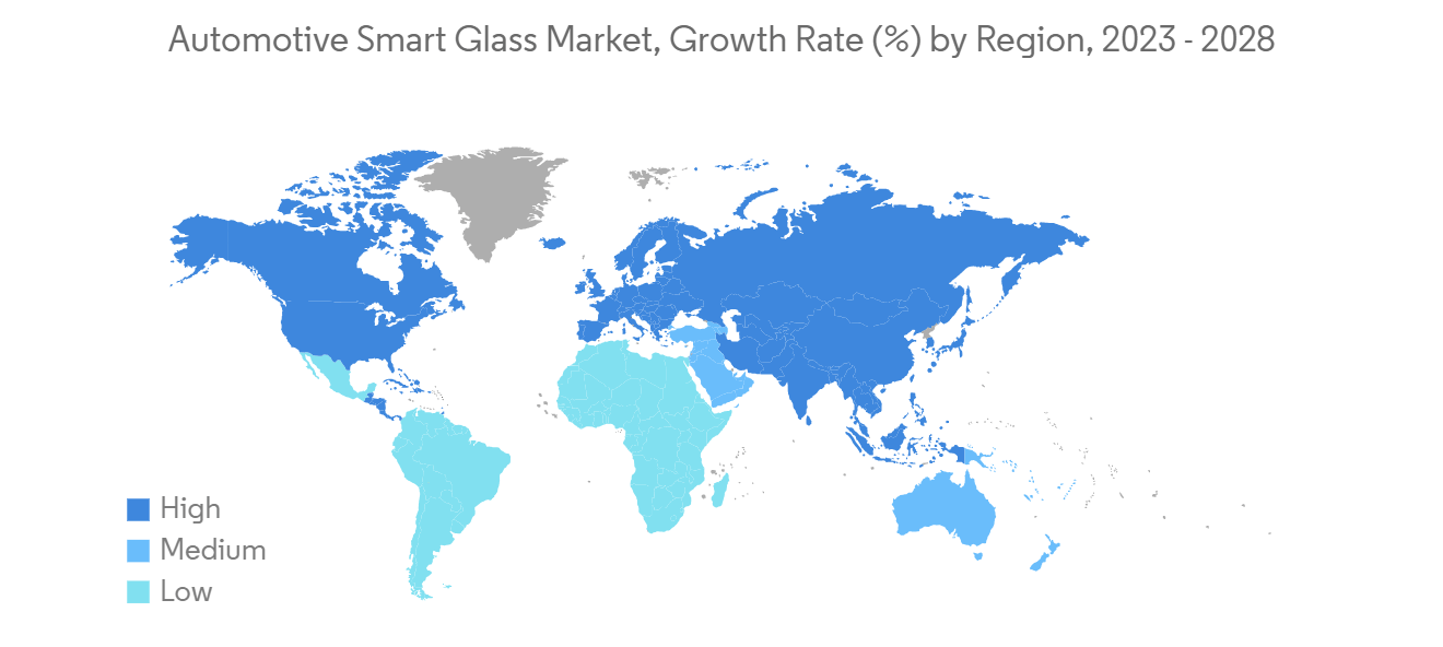 Automotive Smart Glass Market, Growth Rate (%) by Region, 2023 - 2028